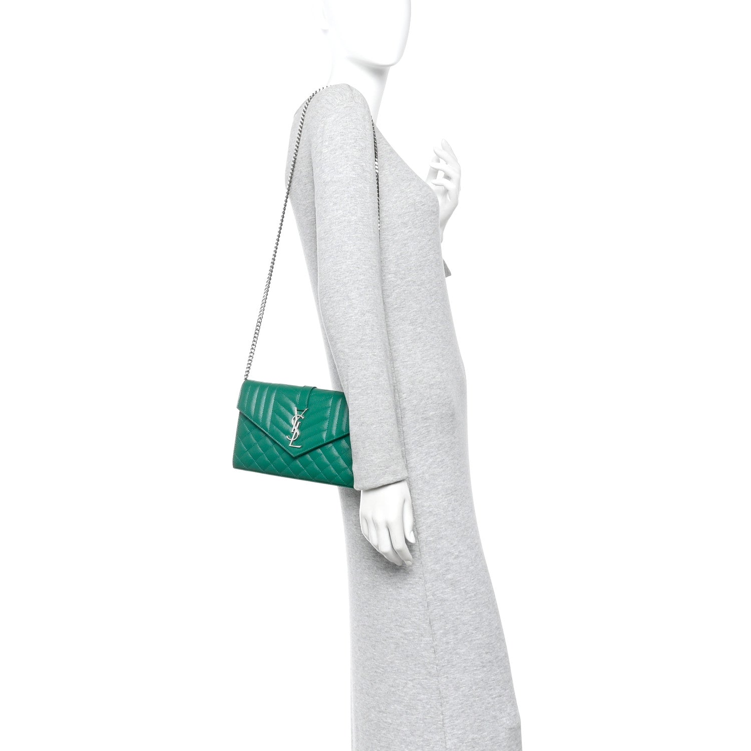 Saint Laurent Grain De Poudre Mixed Matelasse Triquilt Monogram Chain Wallet Green Field 2 of 9