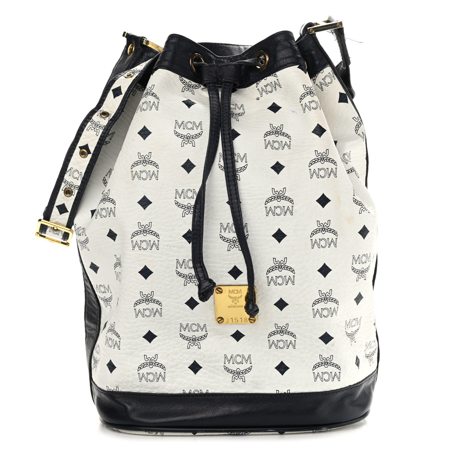 MCM Visetos Small Heritage Drawstring Bucket Bag White Black 1 of 19