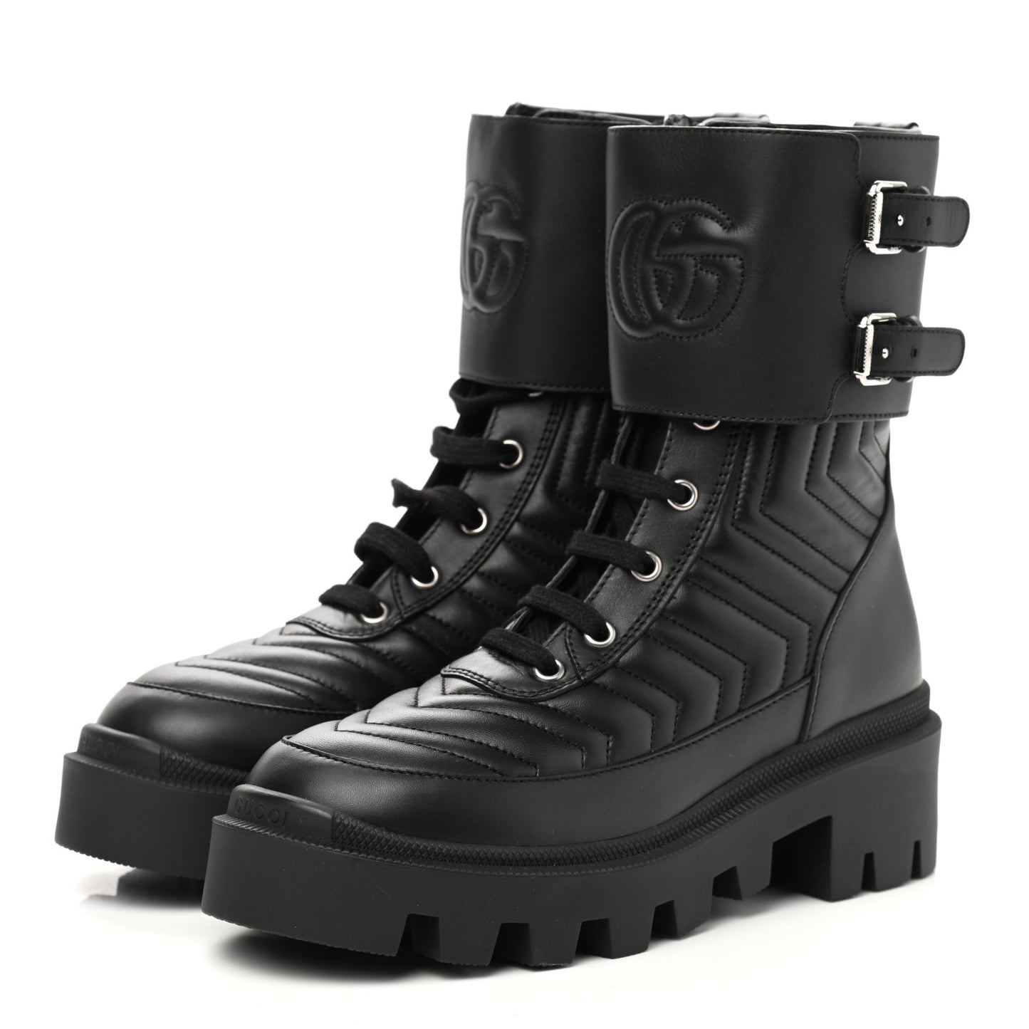 Nappa Frances GG Matelasse Platform Combat Boots 35.5 Black