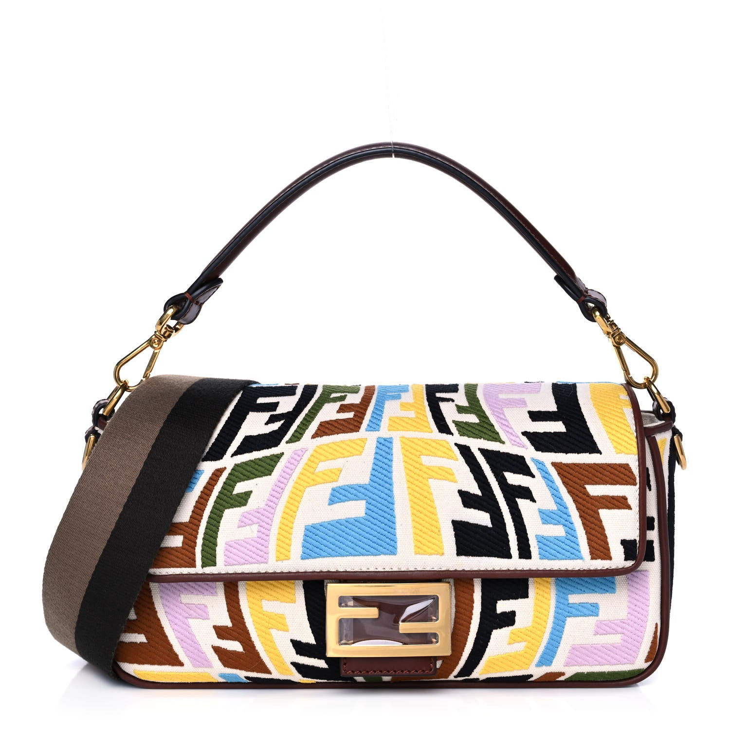 Fendi X SARA COLEMAN Canvas Vitello King Seta FF Fish Eye Embroidered Baguette Grezzo Multicolor Ghianda 1 of 13