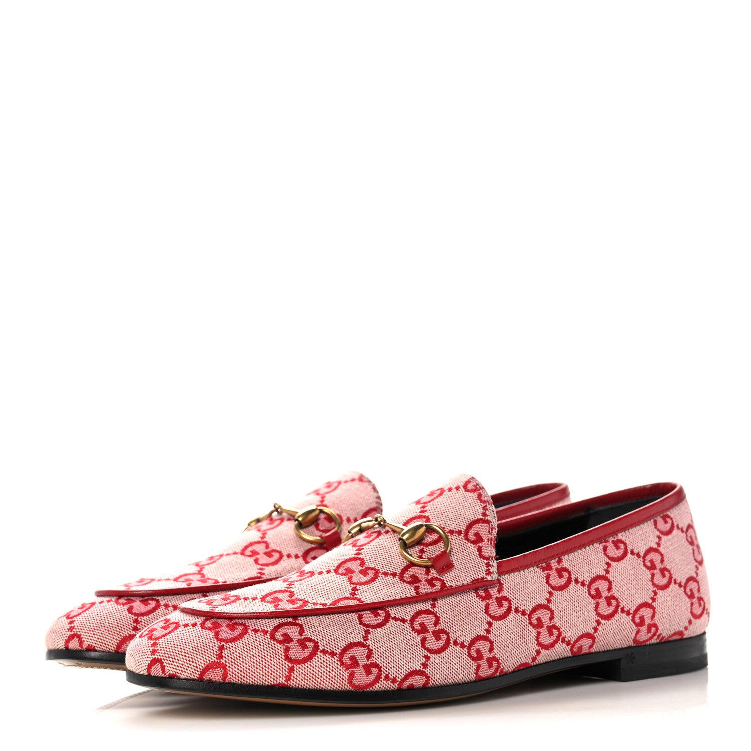 Gucci Canvas GG Monogram Horsebit Womens Jordaan Loafers 38 Gardenia Hibiscus Red 3 of 9