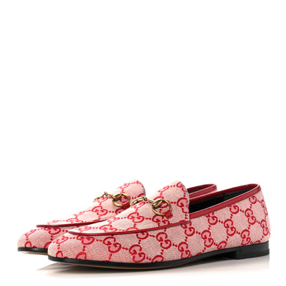 Gucci Canvas GG Monogram Horsebit Womens Jordaan Loafers 38 Gardenia Hibiscus Red 3 of 9