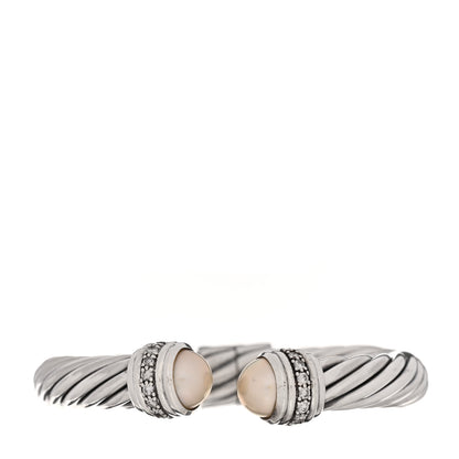David Yurman Sterling Silver Cultured Pearl Diamond 10mm Cable Classics Hinged Bracelet 1 of 3