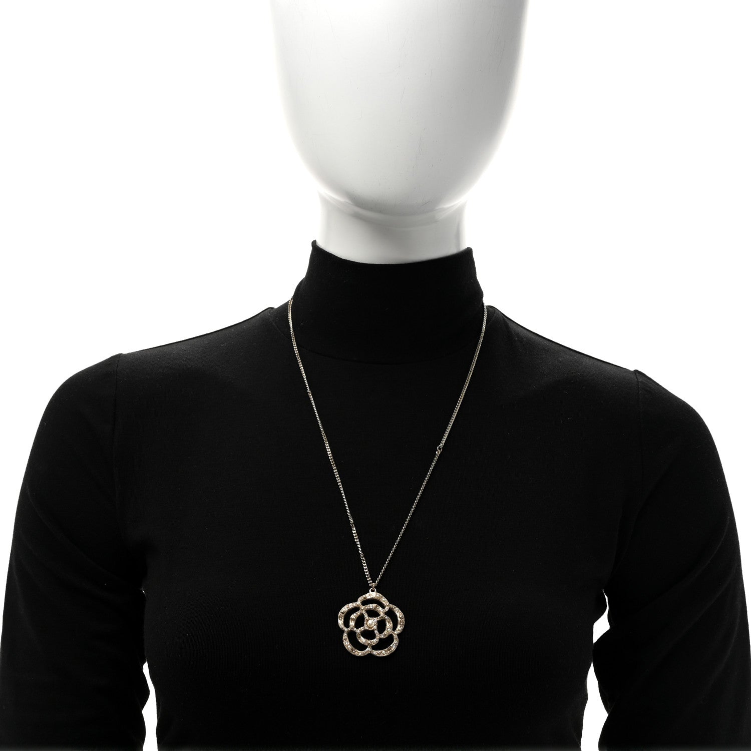 Chanel Pearl Crystal Large Camellia Pendant Necklace Light Gold 2 of 5