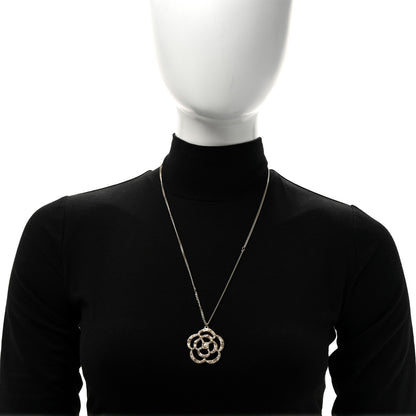Chanel Pearl Crystal Large Camellia Pendant Necklace Light Gold 2 of 5