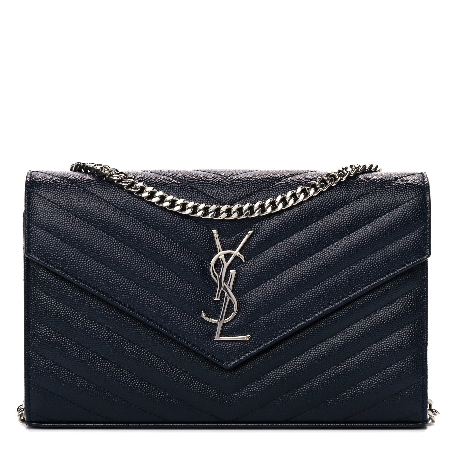 Saint Laurent Grain De Poudre Matelasse Chevron Monogram Chain Wallet Deep Marine 1 of 11