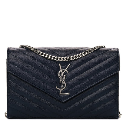 Saint Laurent Grain De Poudre Matelasse Chevron Monogram Chain Wallet Deep Marine 1 of 11