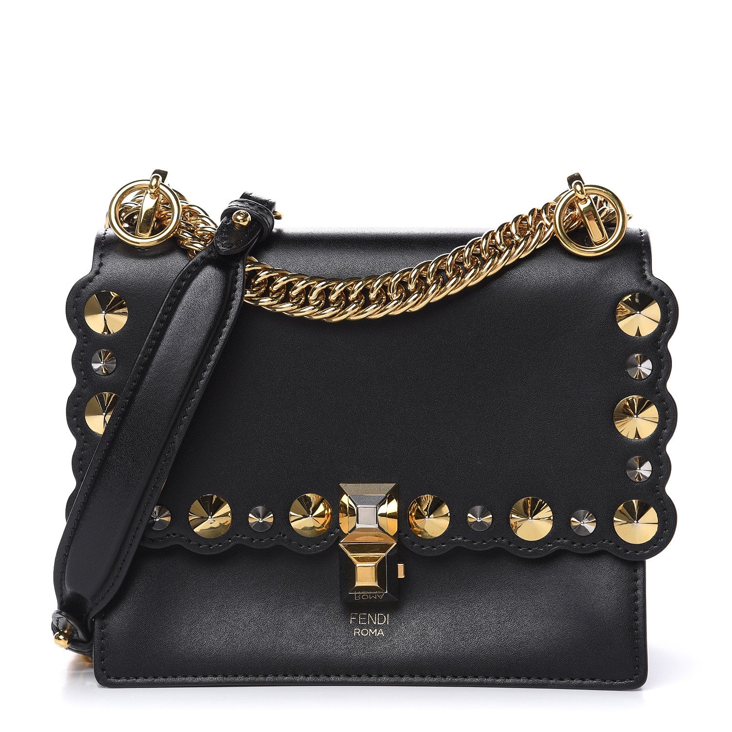Fendi Vitello Liberty Metal Scalloped Multi Studded Small Kan I Shoulder Bag Black 1 of 10