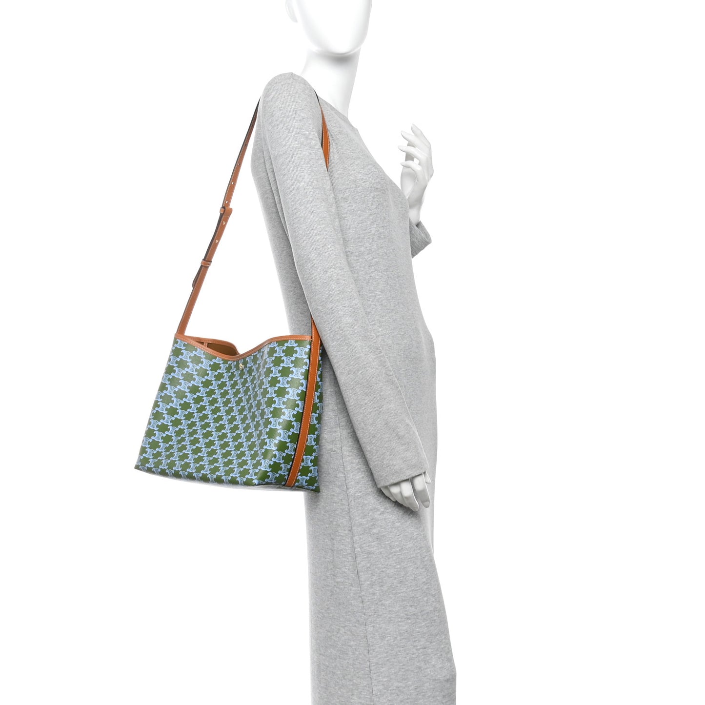Triomphe Canvas Calfskin Soft Shopper Tote Light Kaki Sky Blue