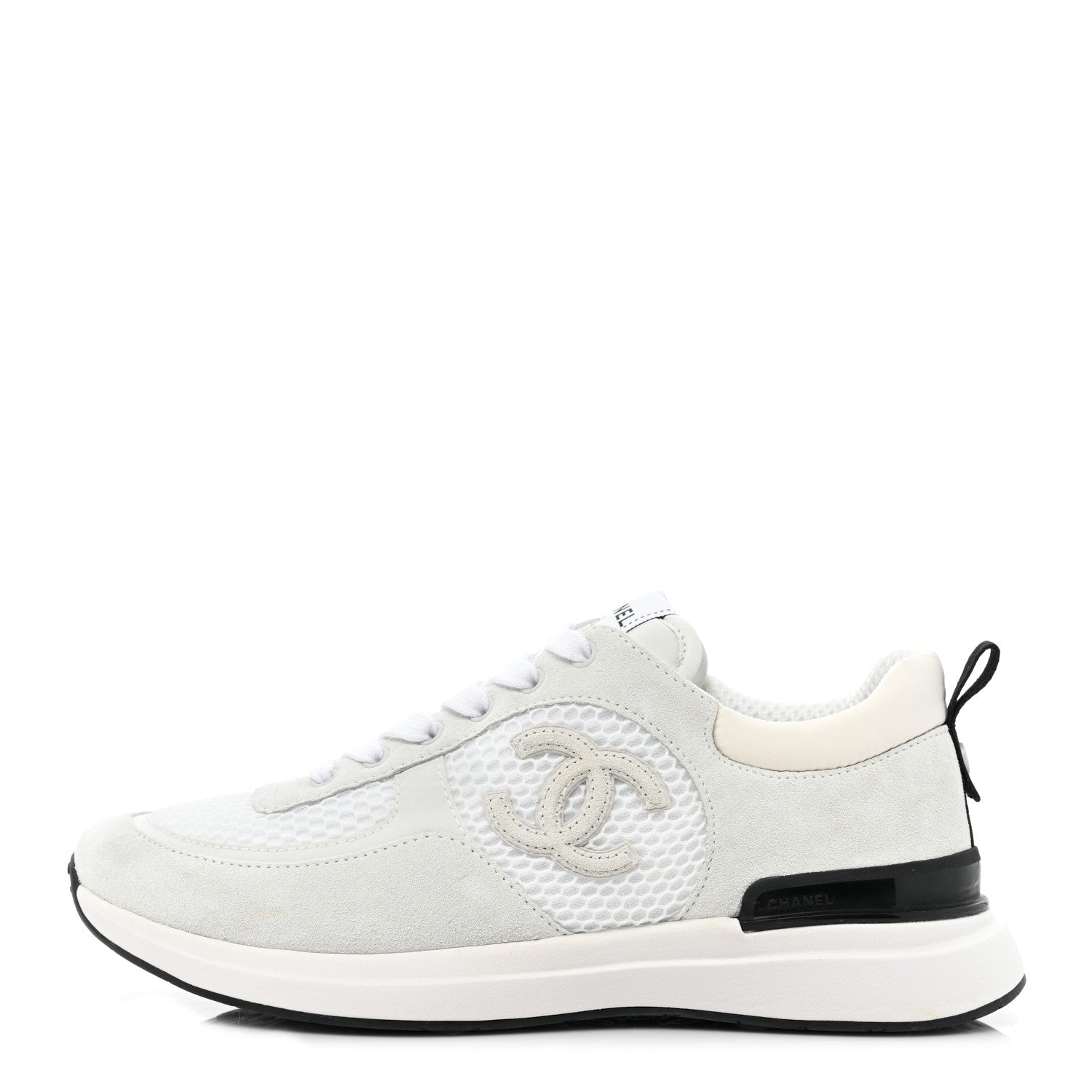 Chanel Calfskin Mesh Lycra Suede Womens Logo Sneakers 39 White 1 of 11