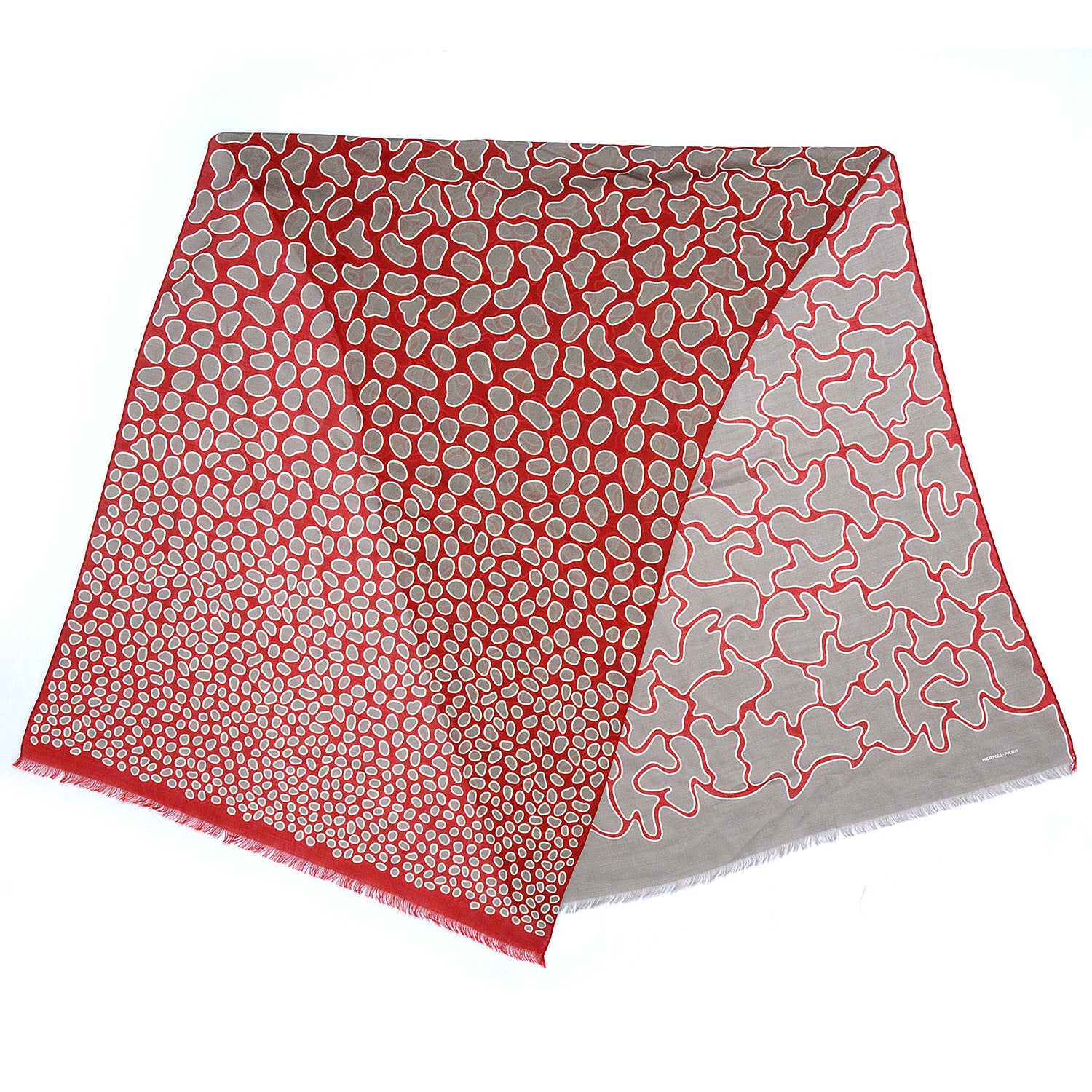 Hermes Silk Wool Modern Fringe Scarf Red Grey 1 of 6