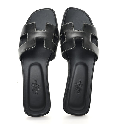 Hermes Box Calfskin Oran Sandals 38 Black 2 of 10
