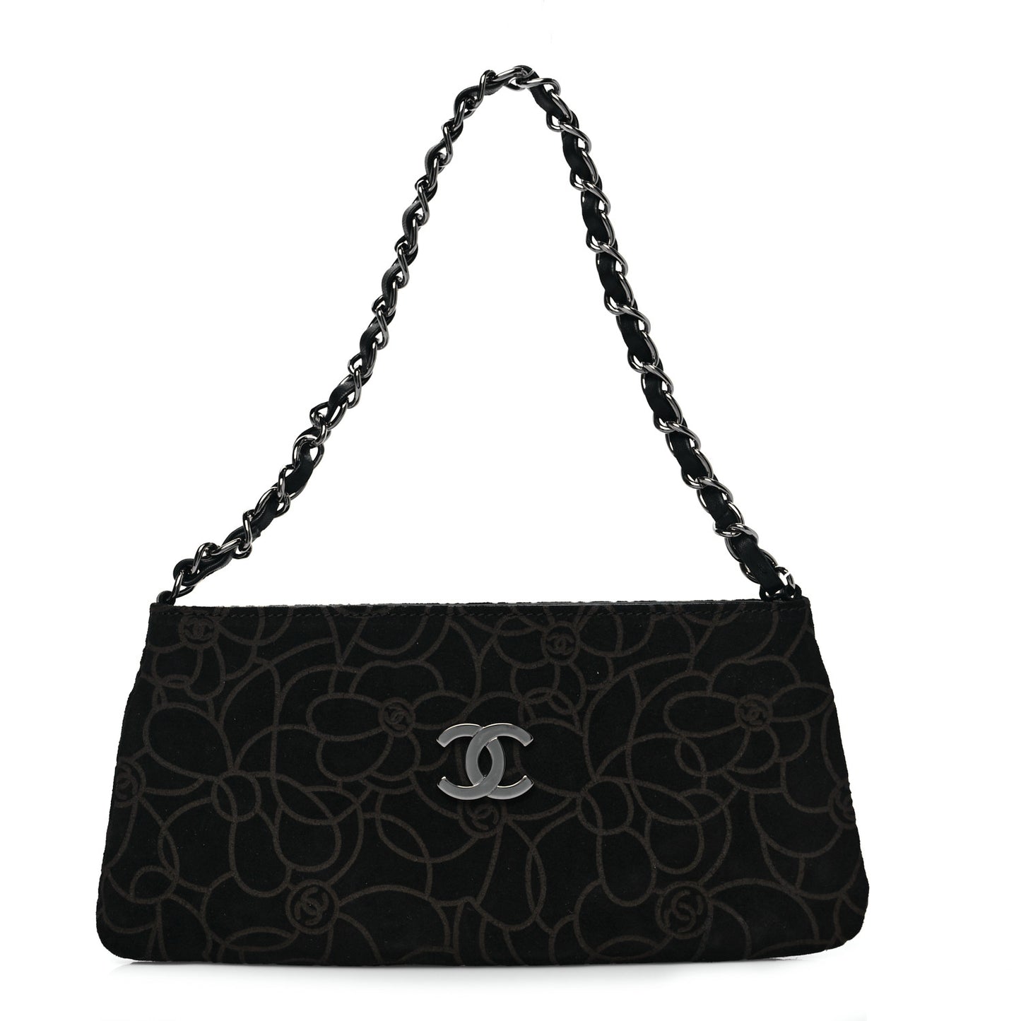 Suede Camellia Embossed Clutch Bag Black