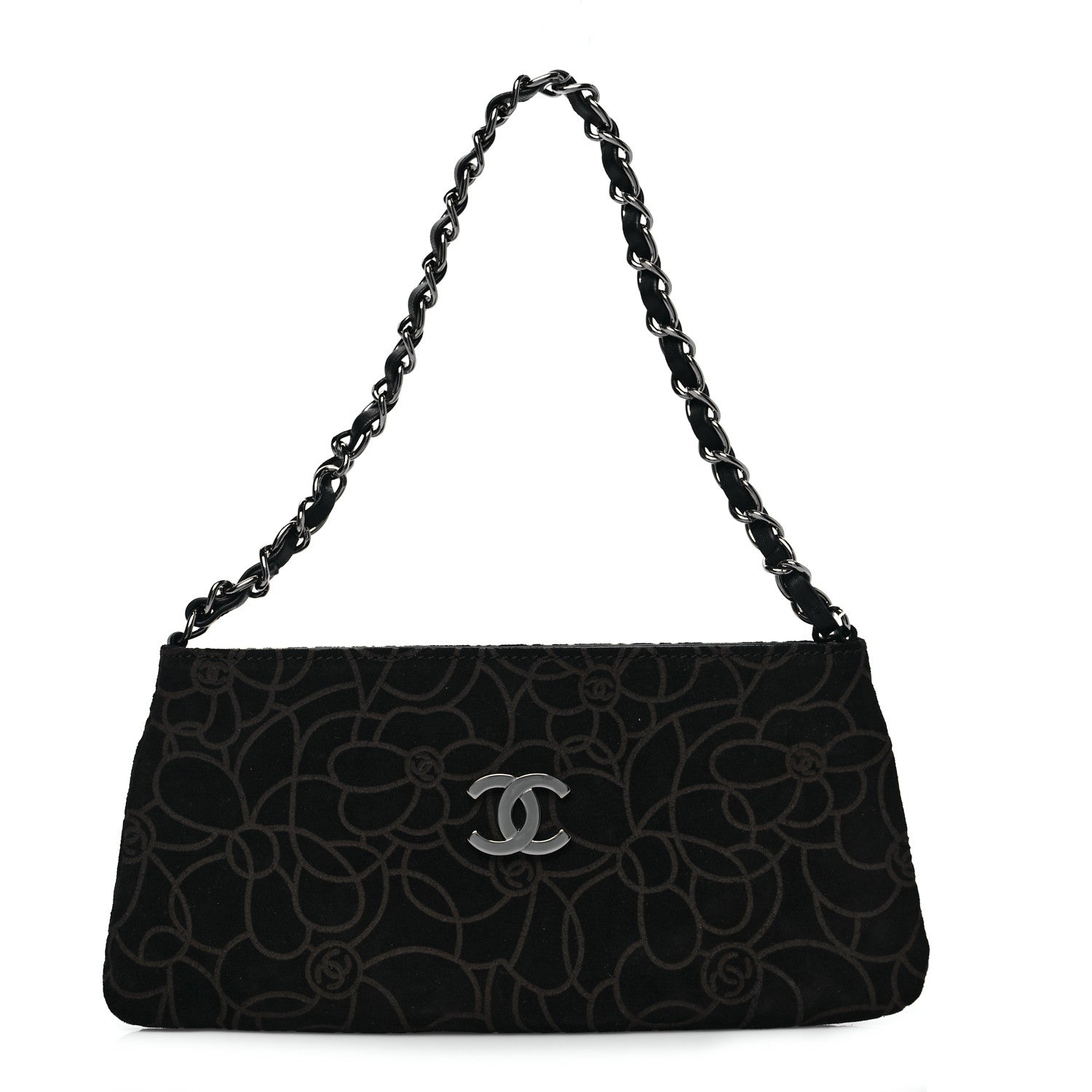 Chanel Suede Camellia Embossed Clutch Bag Black 1 of 7