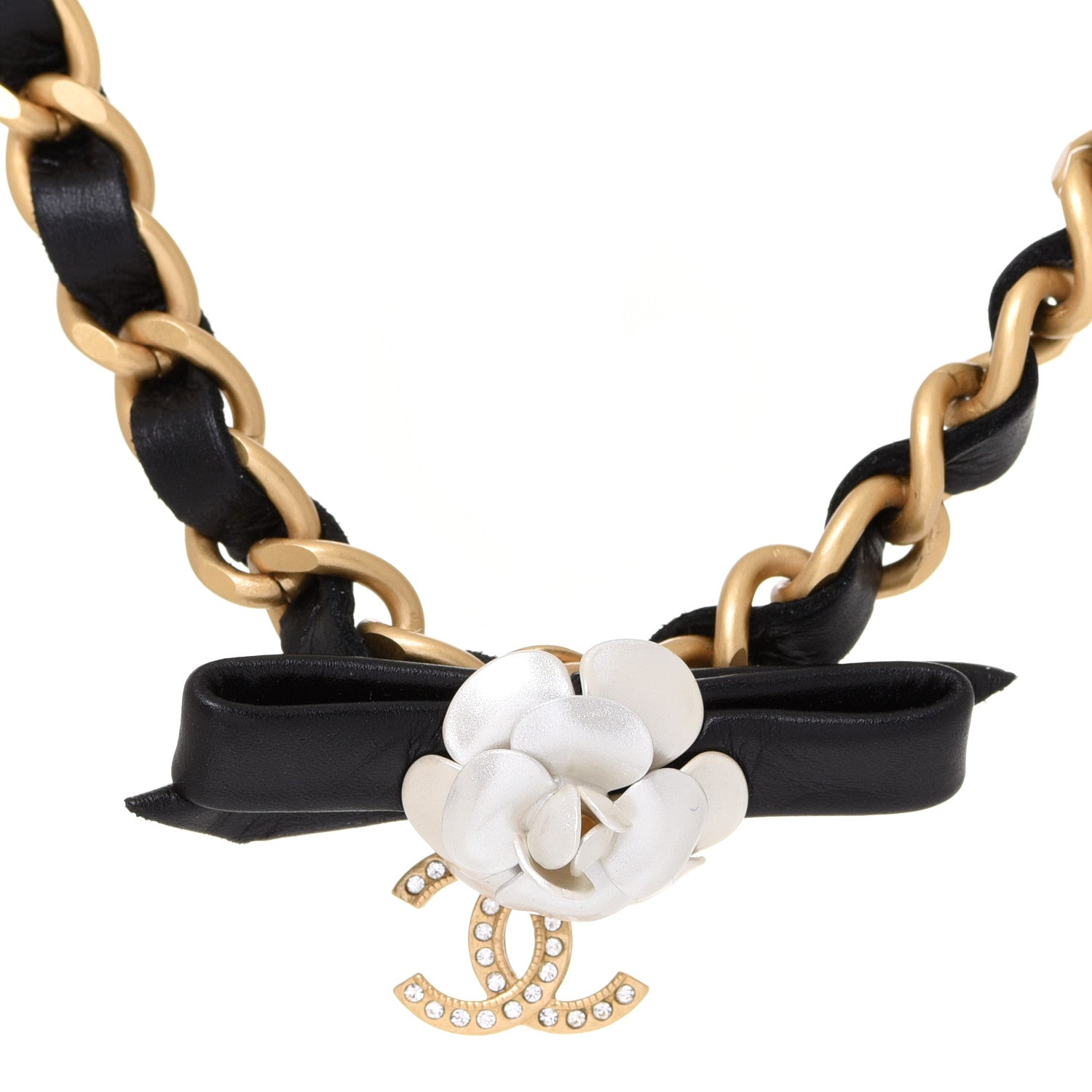Chanel Calfskin Crystal Chain Camellia Belt 80 Black Gold 3 of 5