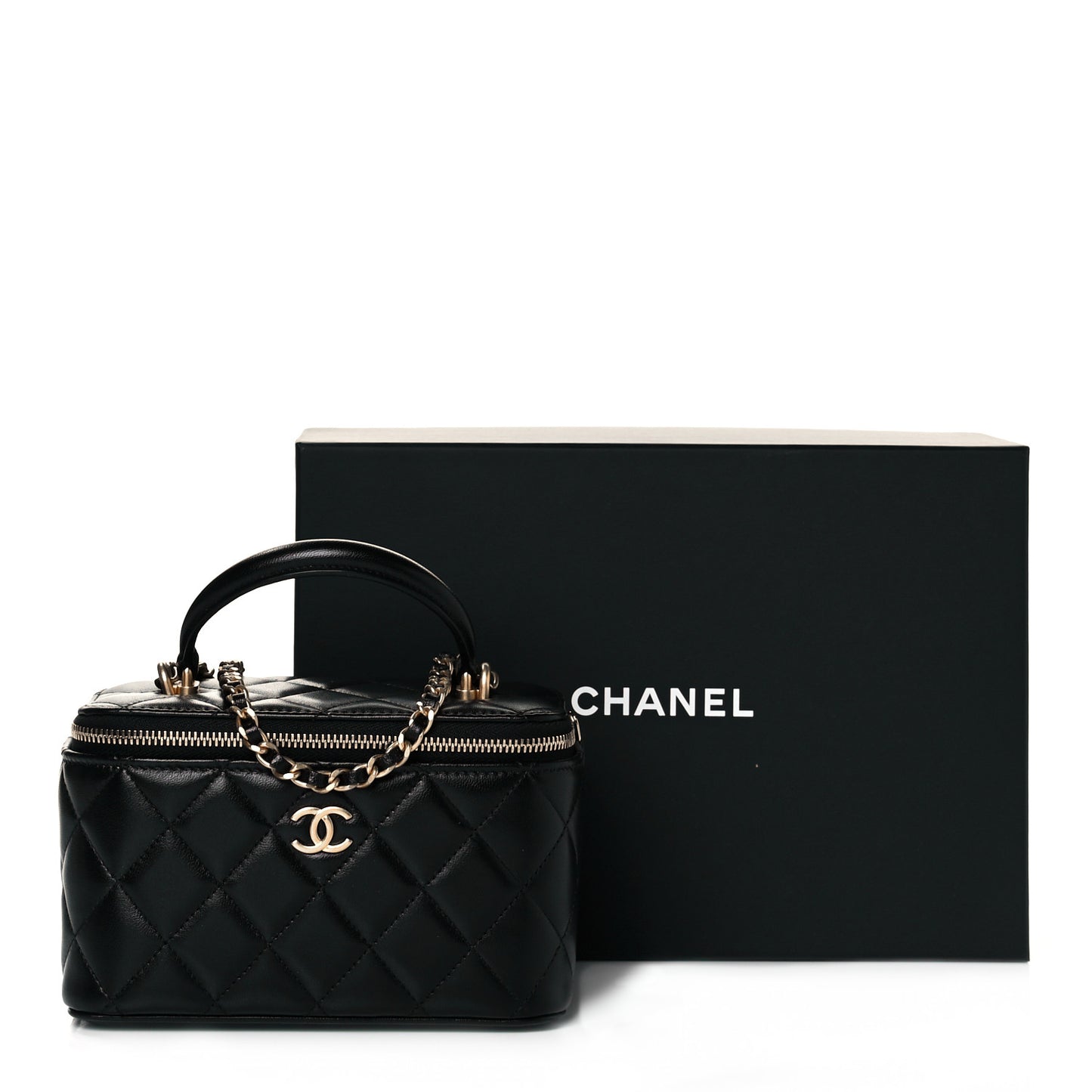 Lambskin Quilted Small Top Handle Vanity Case With Chain Black