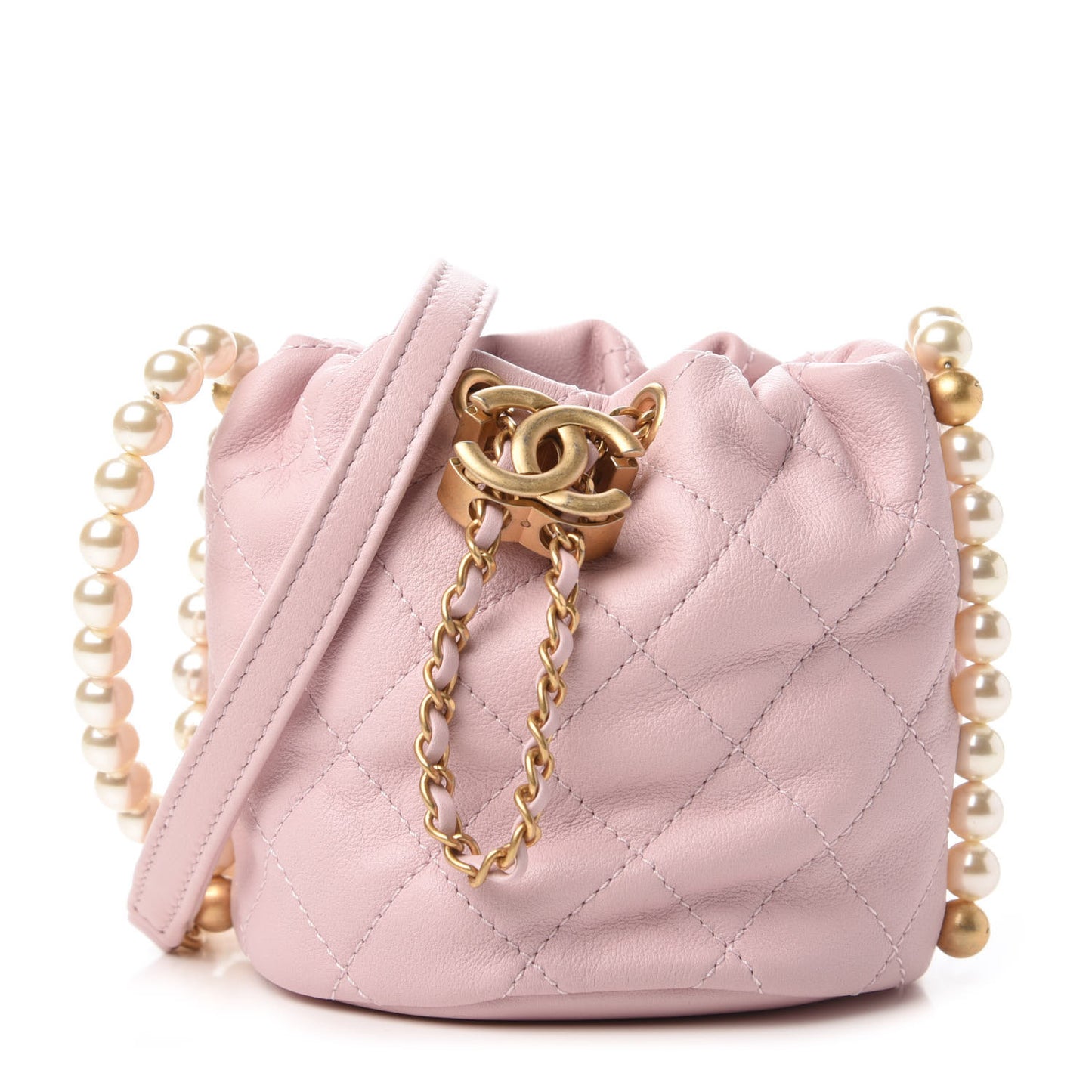 Calfskin Quilted Pearl Mini About Pearls Drawstring Bucket Light Pink