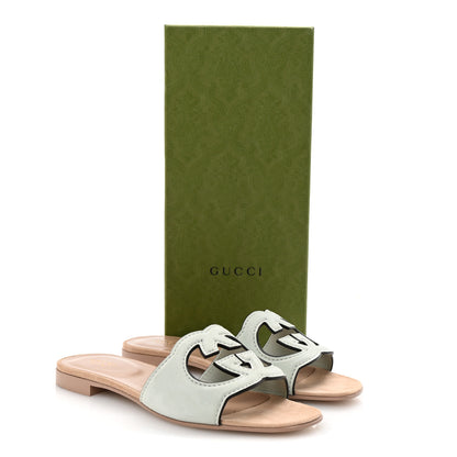 Gucci Kid Scamosciato Interlocking G Cut Out Slide Sandals 37.5 Salvy Green 9 of 9