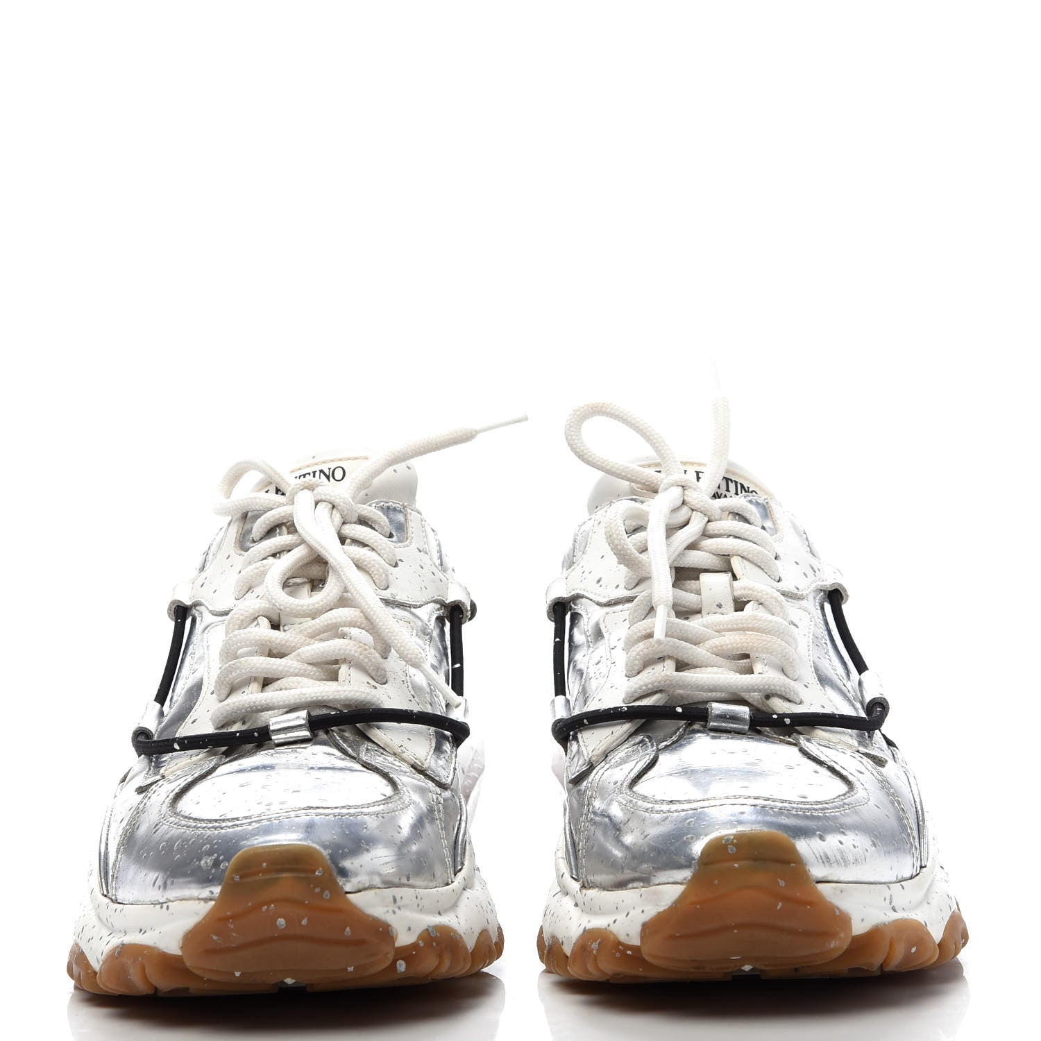 Valentino Garavani Metallic Calfskin Paint Splatter Mens Bounce Sneakers 41 Silver 2 of 8