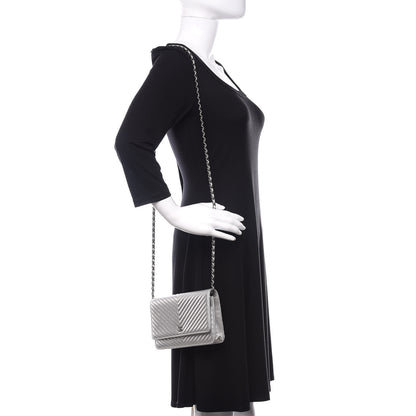 Chanel Metallic Lambskin Chevron Wallet On Chain WOC Silver 2 of 11