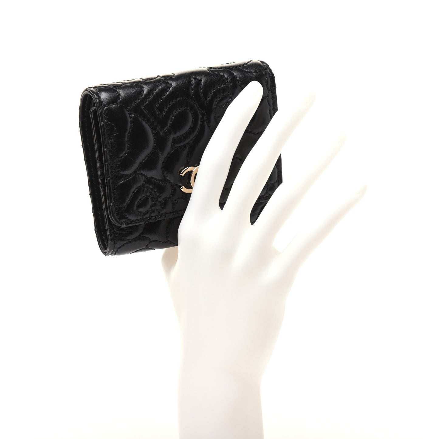 Lambskin Camellia Embossed Small Double Wallet Black