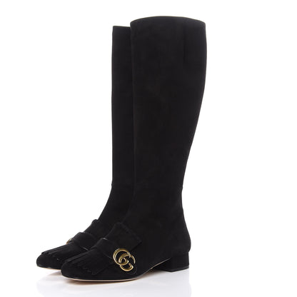 Gucci Kid Scamosciato GG Marmont Fringe Knee High Boots 37.5 Black 3 of 8