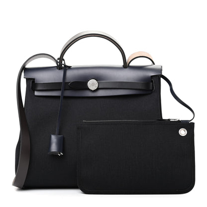 Hermes Military Toile Vache Hunter Herbag Zip Retourne 31 PM Black Bleu Indigo 1 of 10