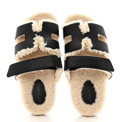 Hermes Calfskin Woolskin Chypre Sandals 37 Black Ecru 2 of 11
