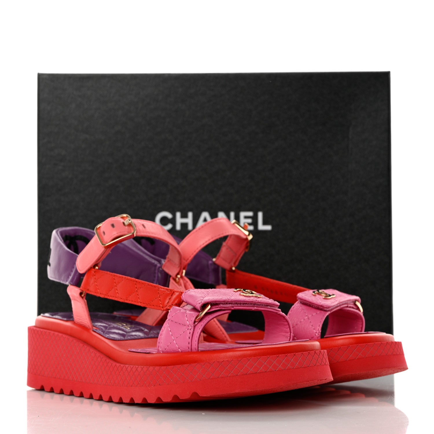 Chanel Lambskin Logo Platform Sandals 38 Red Purple Orange 9 of 9