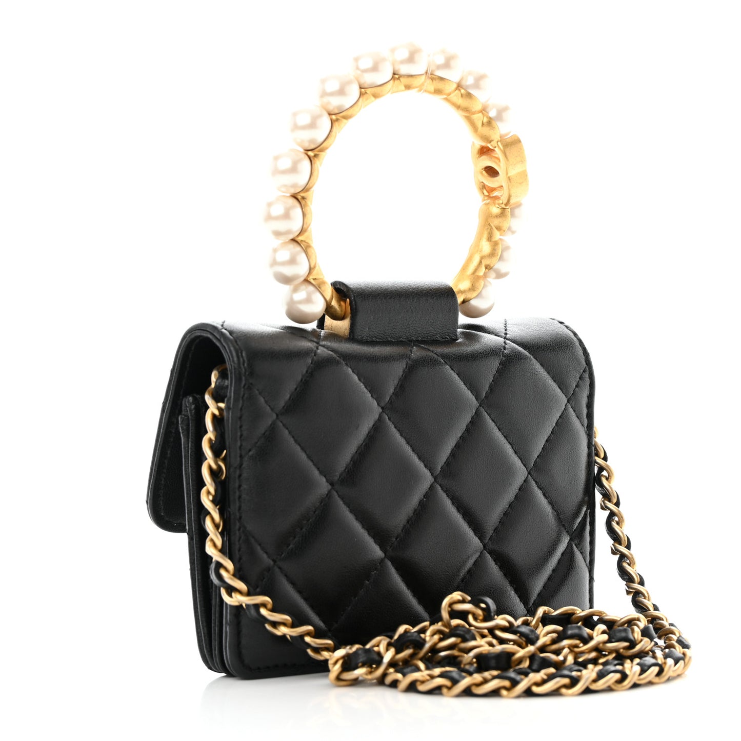 Lambskin Quilted Pearl Crown Clutch With Chain Black