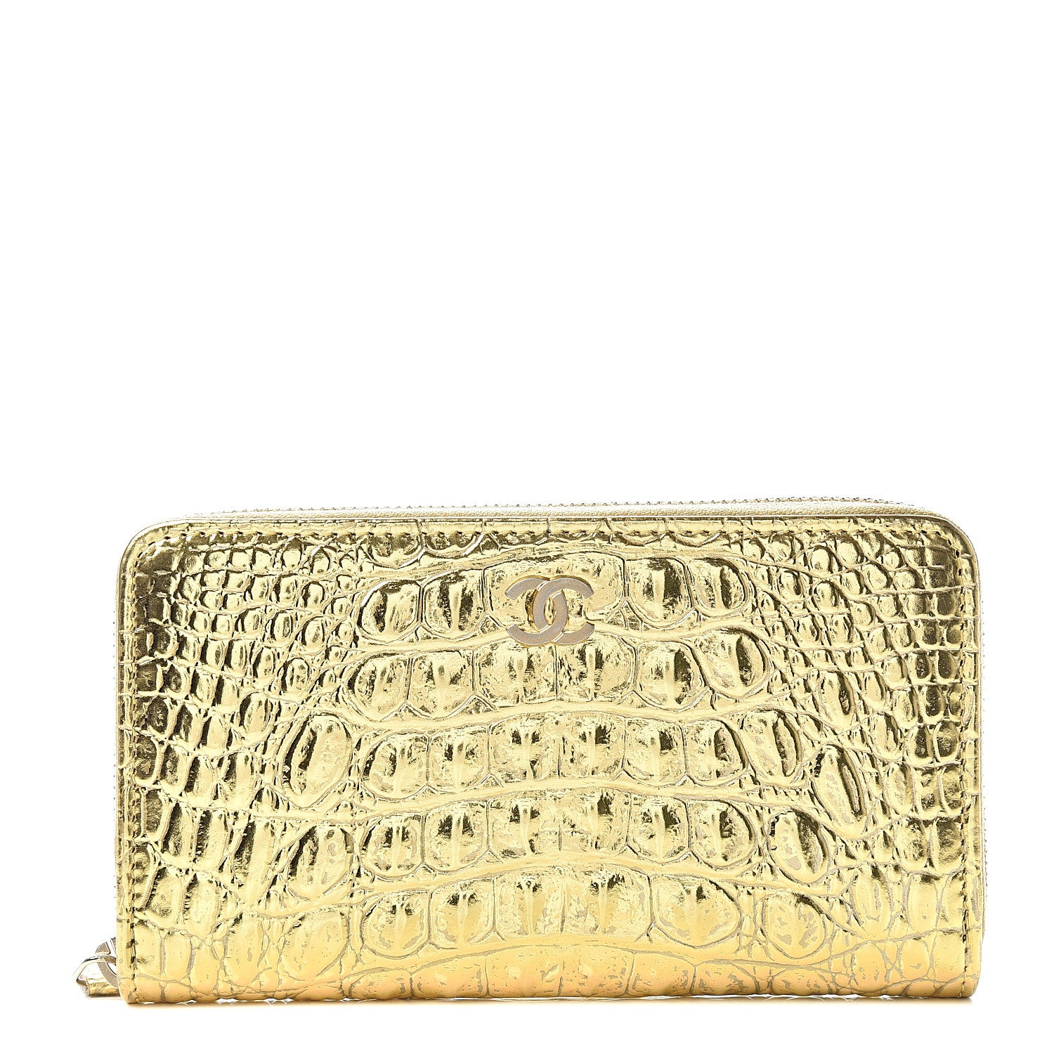 Chanel Metallic Calfskin Crocodile Embossed Small Zip Wallet Gold 1 of 10
