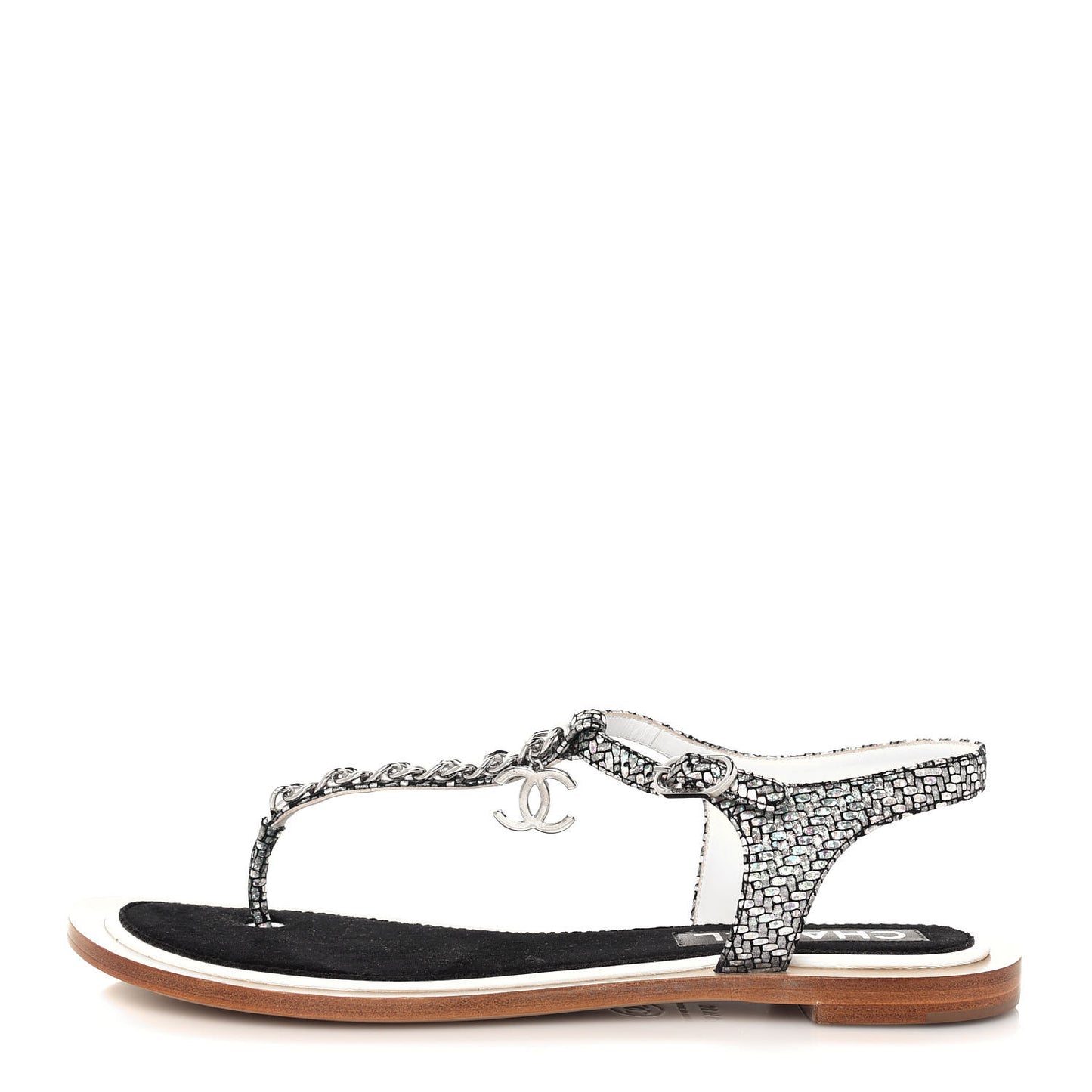 Goatskin Velvet Fantasy CC Chain Thong Sandals 38.5 Silver Ivory