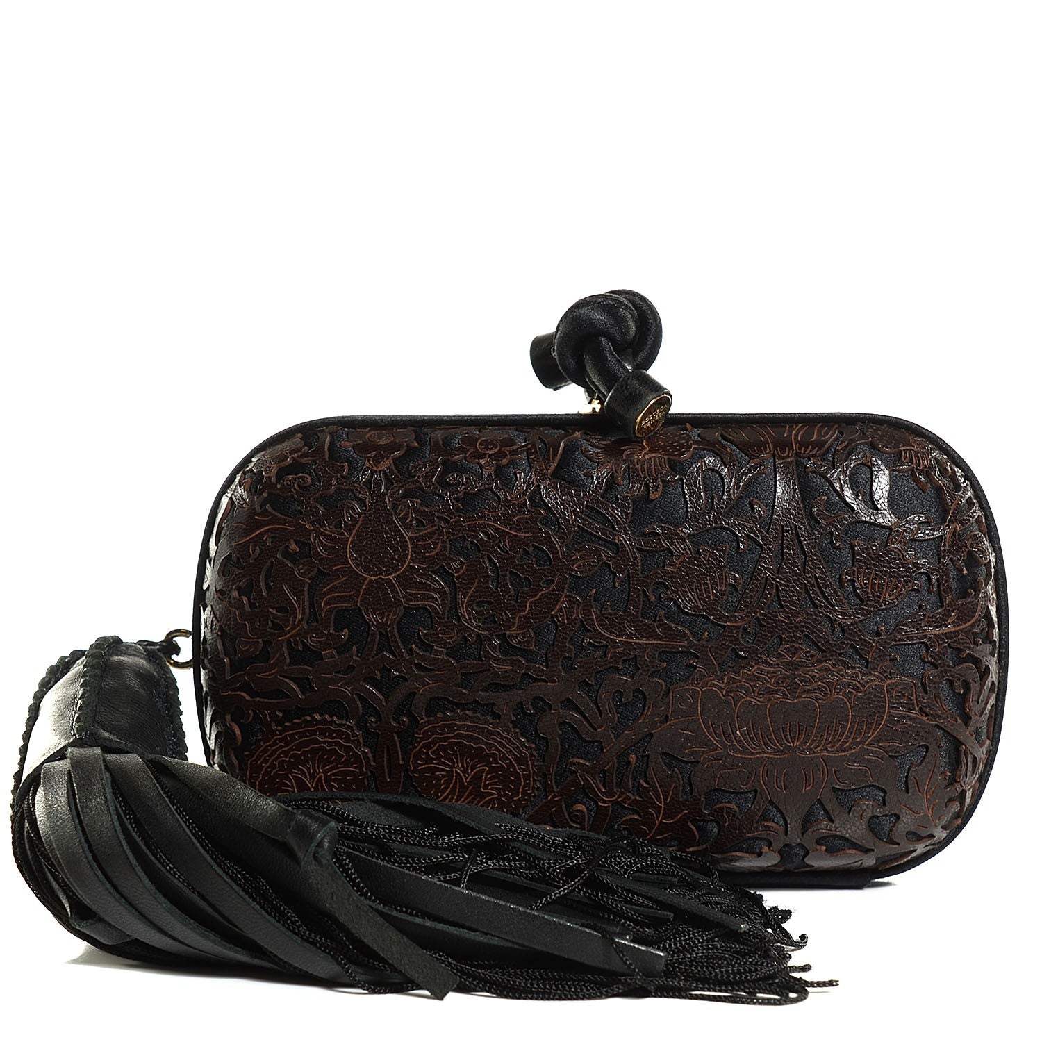 Bottega Veneta Satin Leather Laser Cut Floral Tassel Clutch 1 of 7