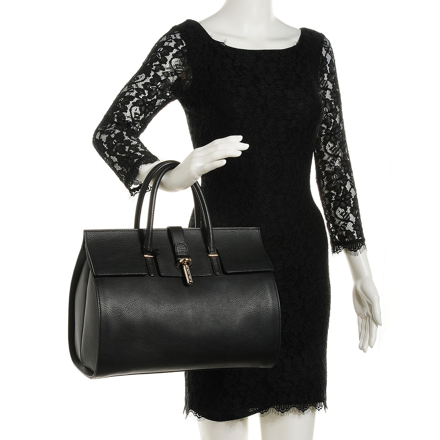 Grained Calfskin M Tube Round Tote Black