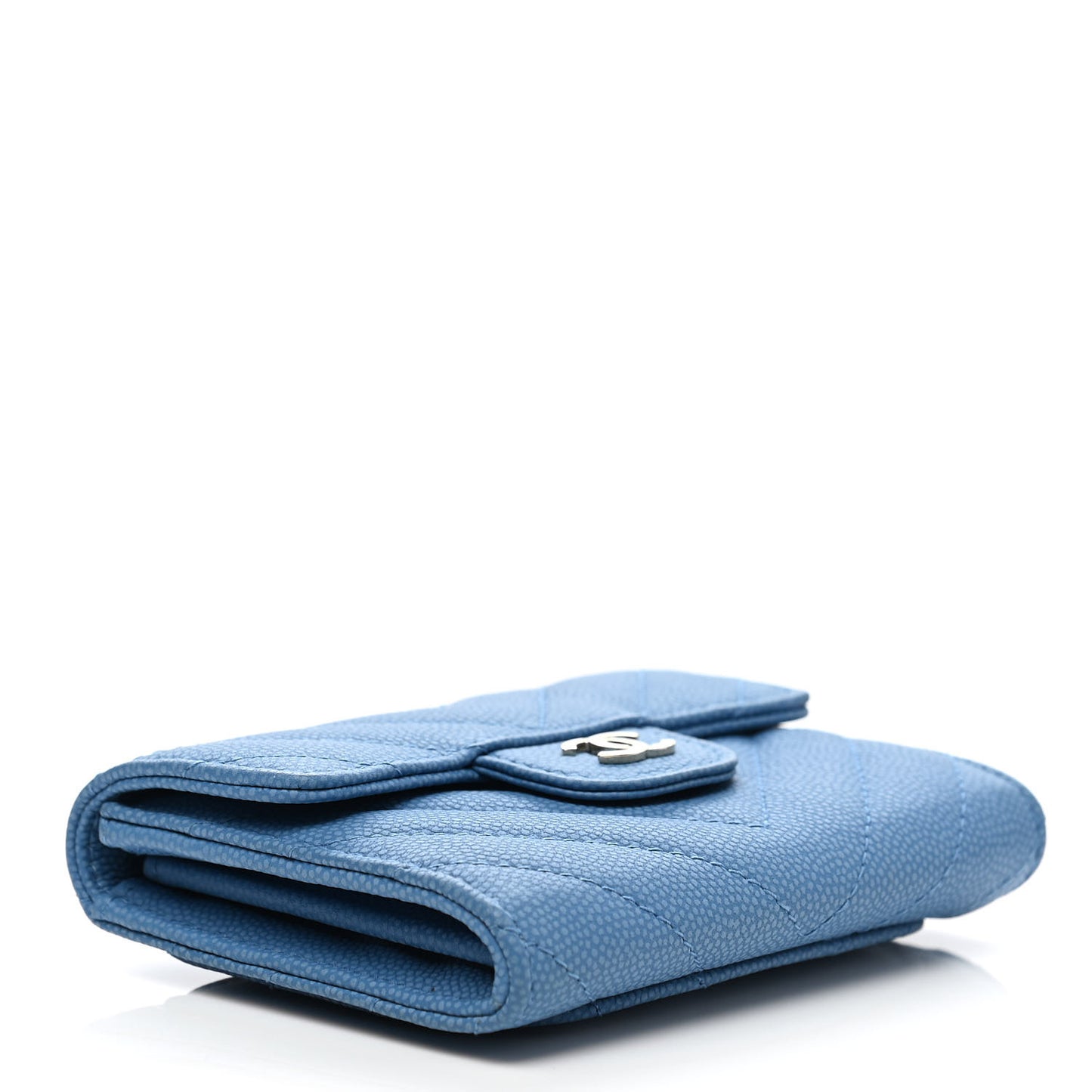 Caviar Flat Chevron Quilted Flap Card Holder Wallet Light Blue