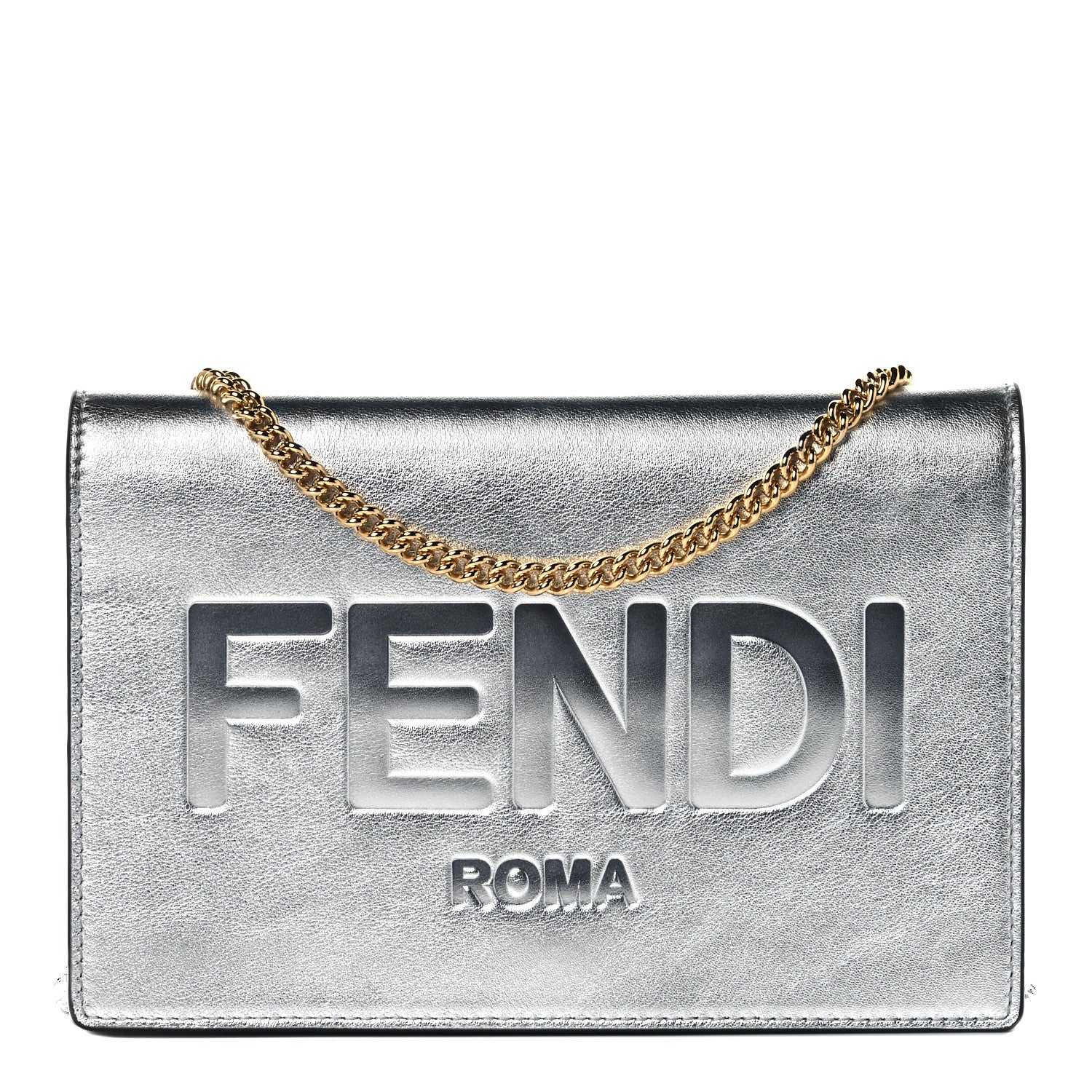 Fendi Vitello Catalan Mirror Logo Embossed Medium Wallet On Chain Argento 1 of 8