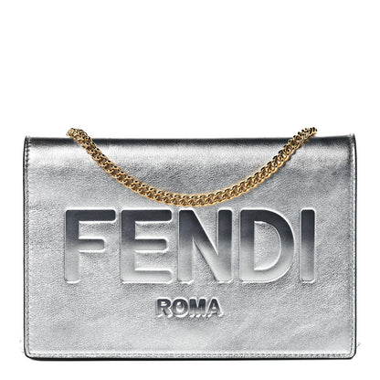 Fendi Vitello Catalan Mirror Logo Embossed Medium Wallet On Chain Argento 1 of 8