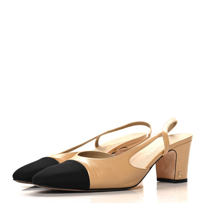 Chanel Goatskin Grosgrain Cap Toe CC Slingback Pumps 41 Beige Black 4 of 9