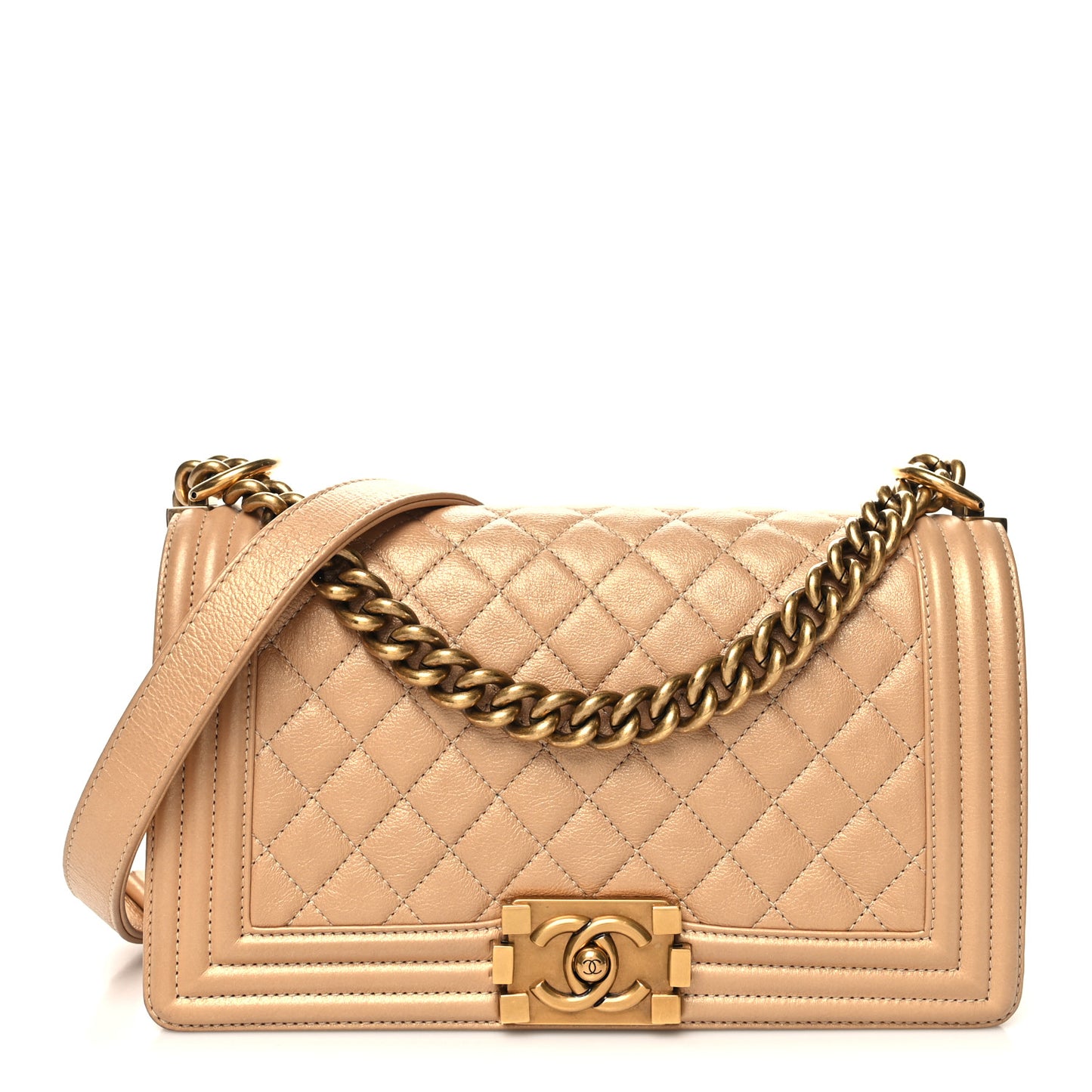 Metallic Calfskin Quilted Medium Boy Flap Gold