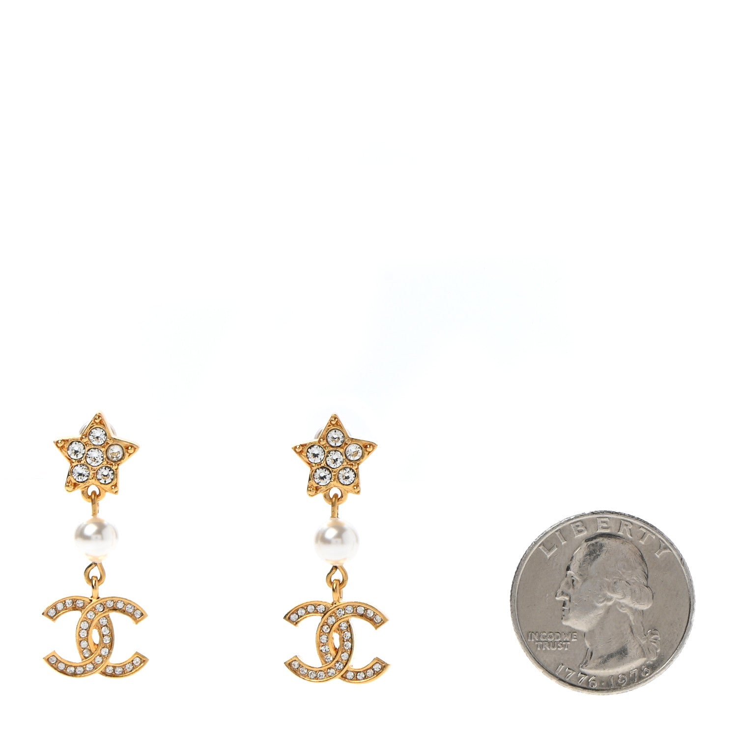 Chanel Crystal Pearl CC Star Drop Earrings Gold 2 of 5