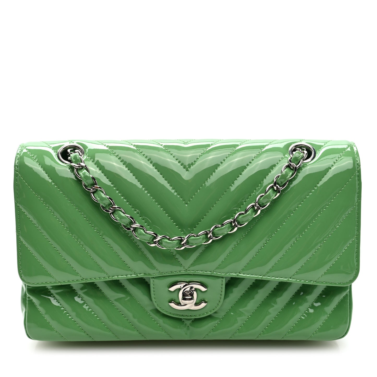 Patent Chevron Quilted Medium Double Flap Green