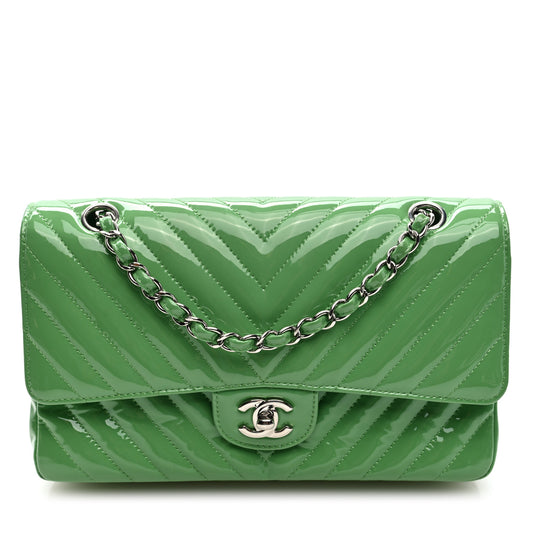 Patent Chevron Quilted Medium Double Flap Green