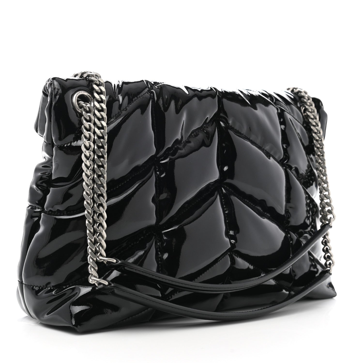 Saint Laurent Patent Lambskin Quilted Medium Loulou Puffer Monogram Chain Satchel Black 3 of 11