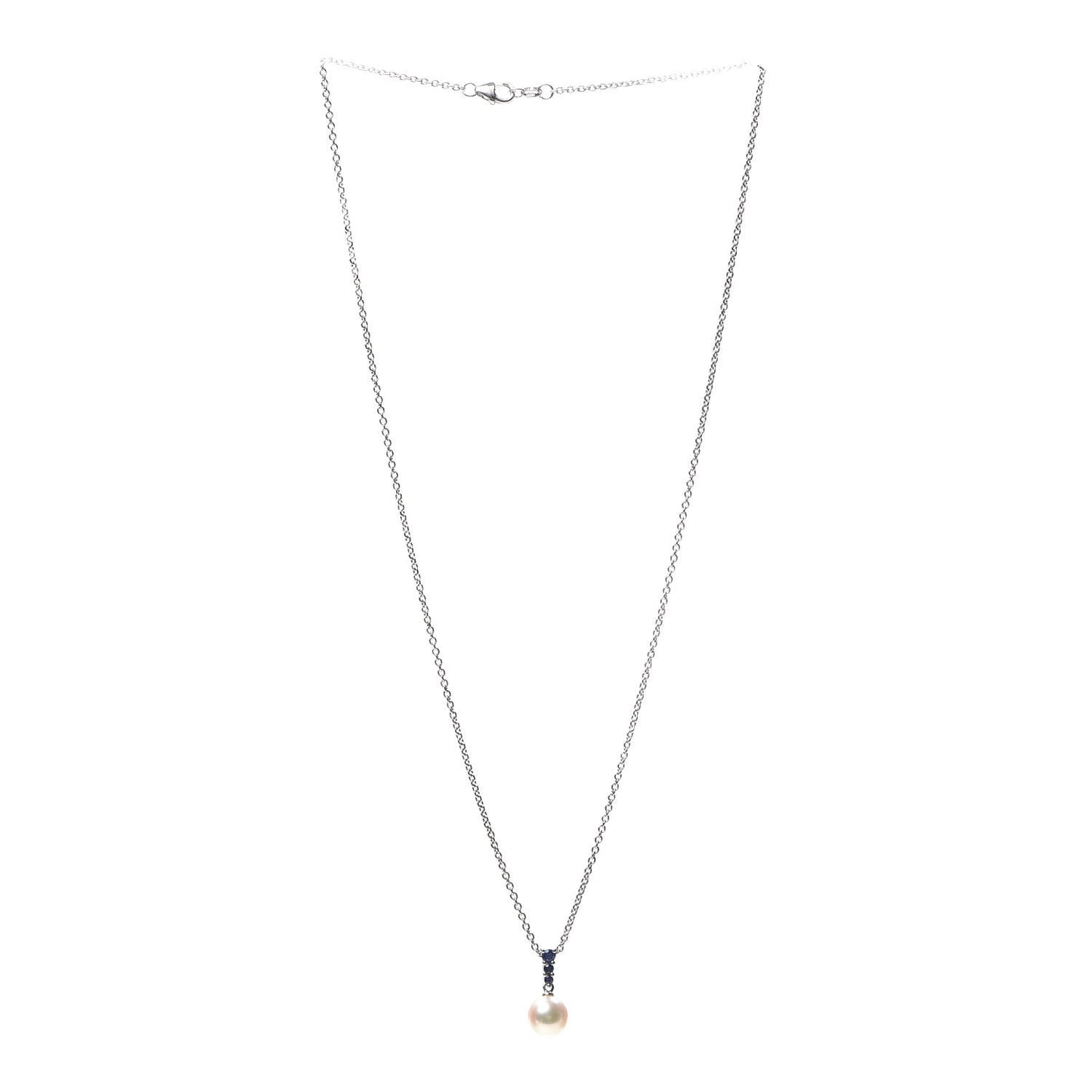 18K White Gold Blue Sapphire Akoya Pearl 8mm Morning Dew Pendant Necklace