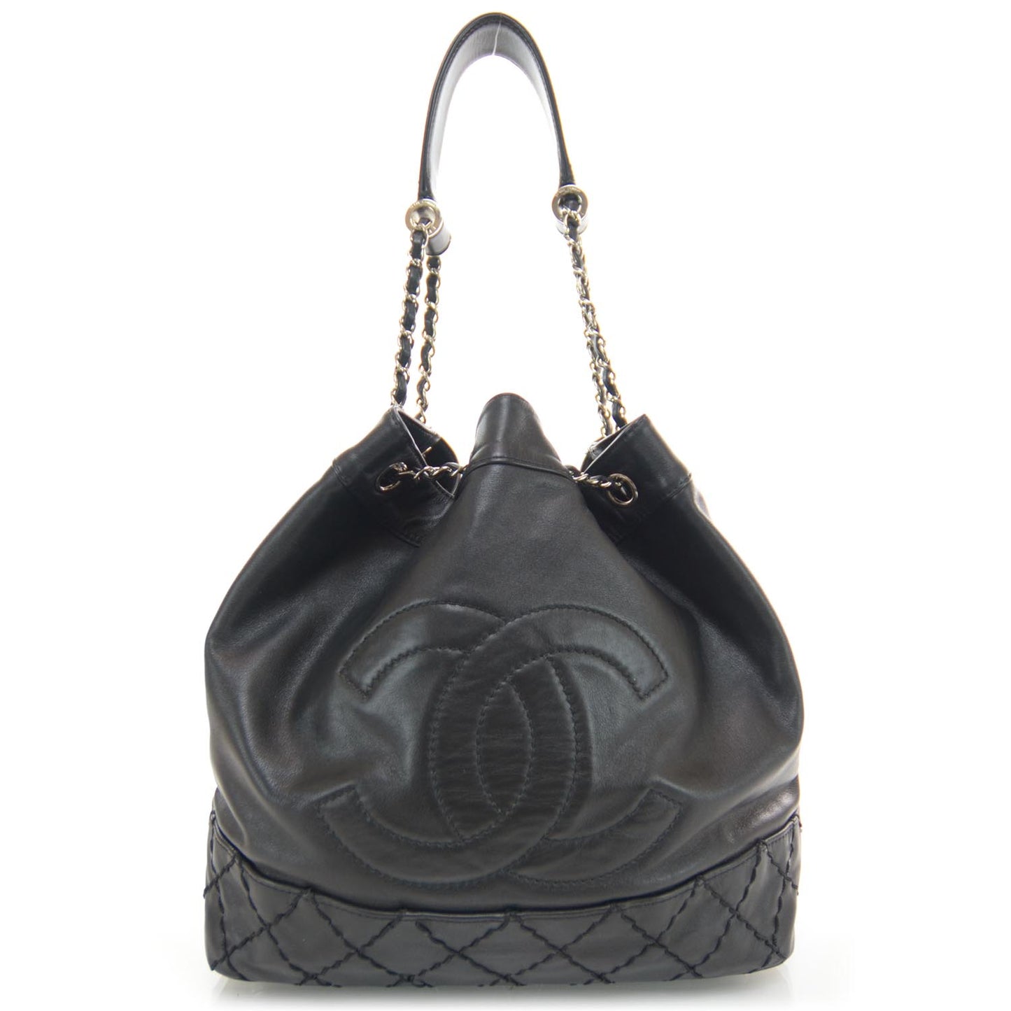 Lambskin Drawstring CC Bucket Bag Black