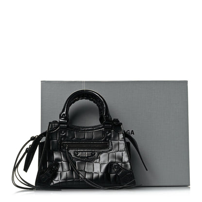 Balenciaga Semi Shiny Calfskin Crocodile Embossed Neo Classic Black Hardware Mini City Black 13 of 13