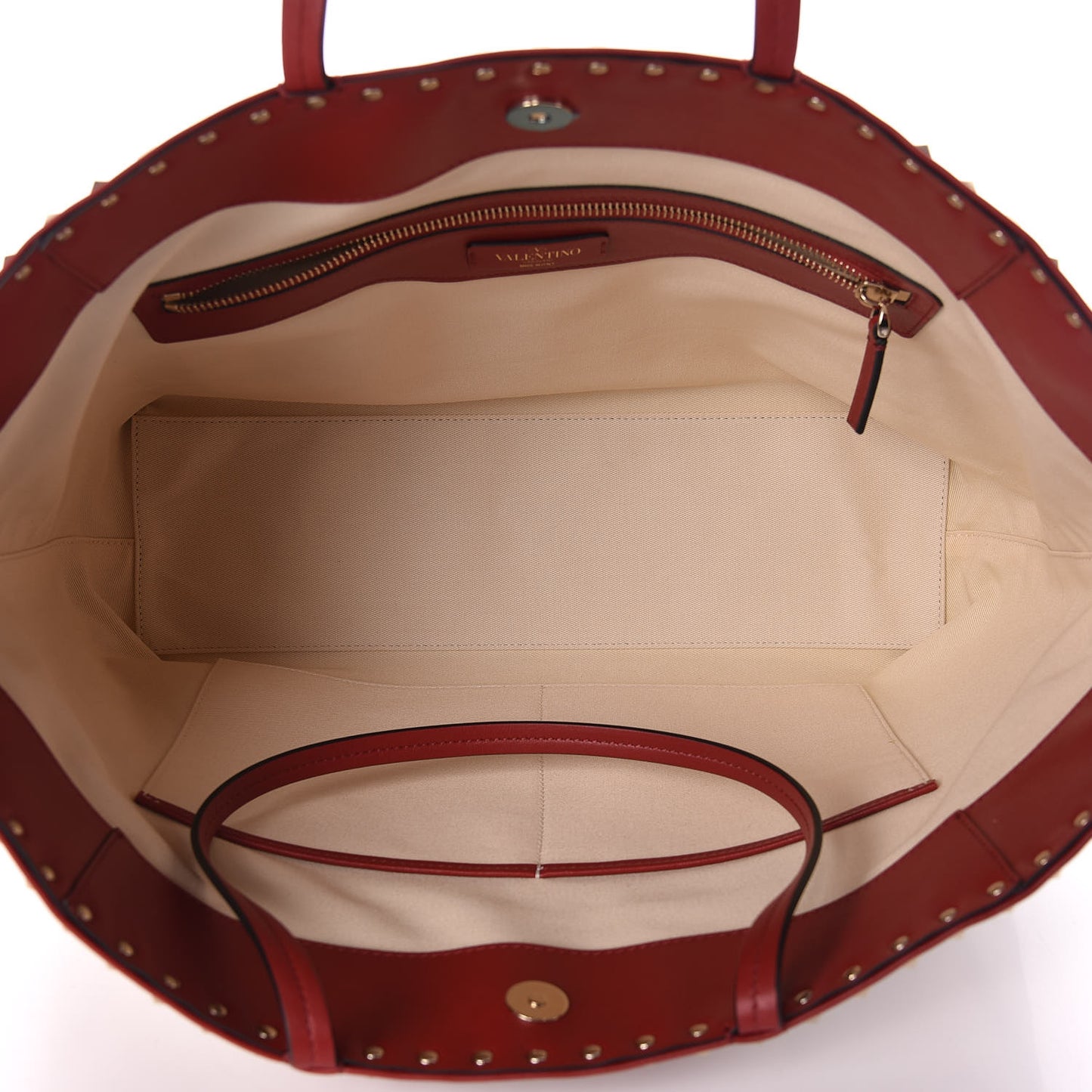 Calfskin Canvas Chevron Inlay Rockstud Shoulder Tote Red White Blue