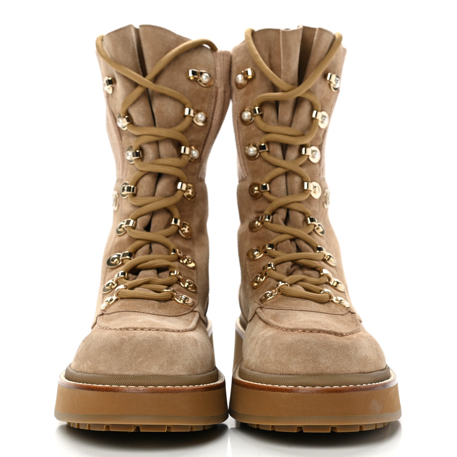 Chanel Suede Knit Lace Up Combat Boots 41 Brown 2 of 9