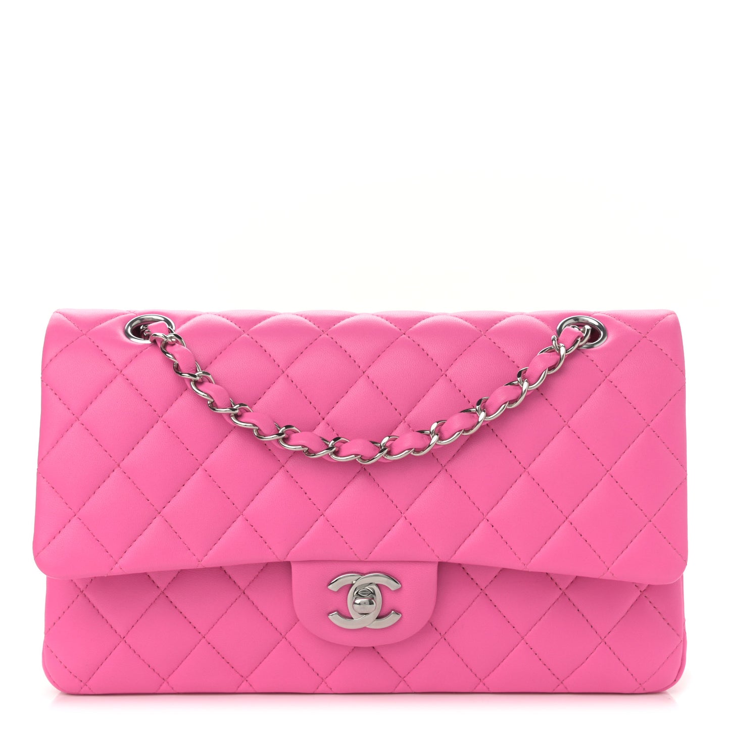 Lambskin Quilted Medium Double Flap Neon Pink