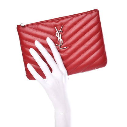 Saint Laurent Calfskin Matelasse Chevron Monogram Pouch Red 2 of 12